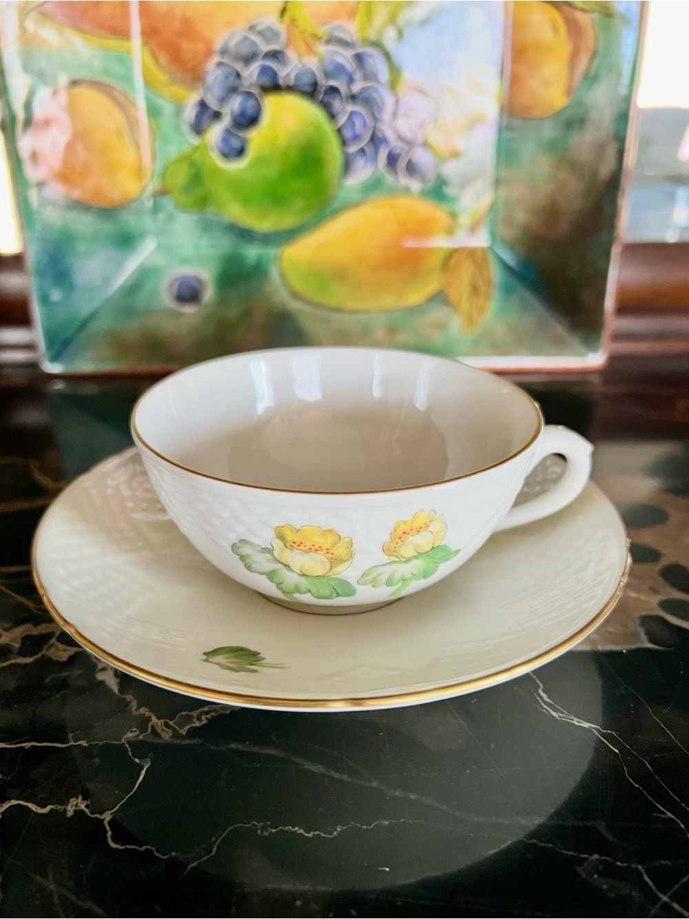 Bing & Grondahl Denmark Porcelain Tea Cup Saucer w Yellow Buttercup Floral Motif